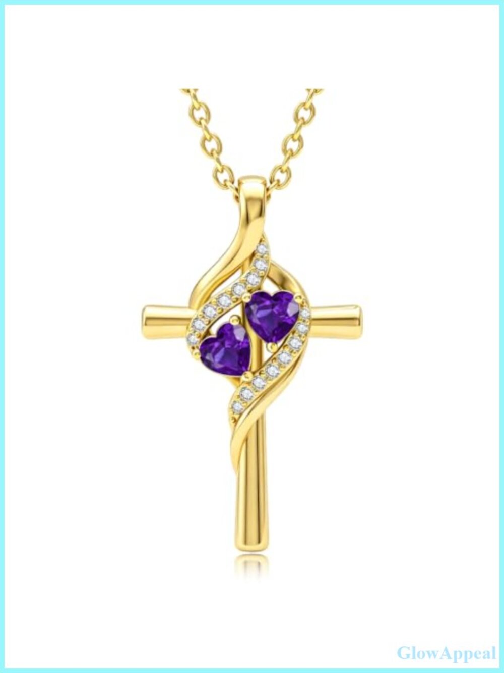14K Gold Plated Birthstone Cross Necklace with Double Heart Birthstones